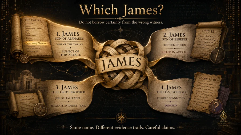 Identity map showing four separate evidence trails for James son of Alphaeus, James son of Zebedee, James the Lord’s brother, and James the Less or Younger.