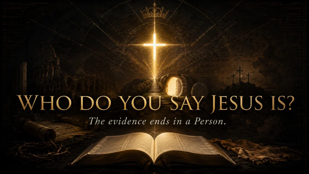 Black and gold Christian editorial image showing a radiant cross, crown, open tomb, Scripture, crown of thorns, and the words Who Do You Say Jesus Is?