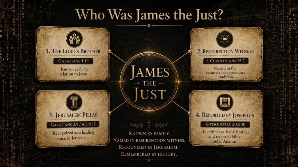 Infographic identifying James the Just as the Lord’s brother, resurrection witness, Jerusalem pillar, and the James reported by Josephus.