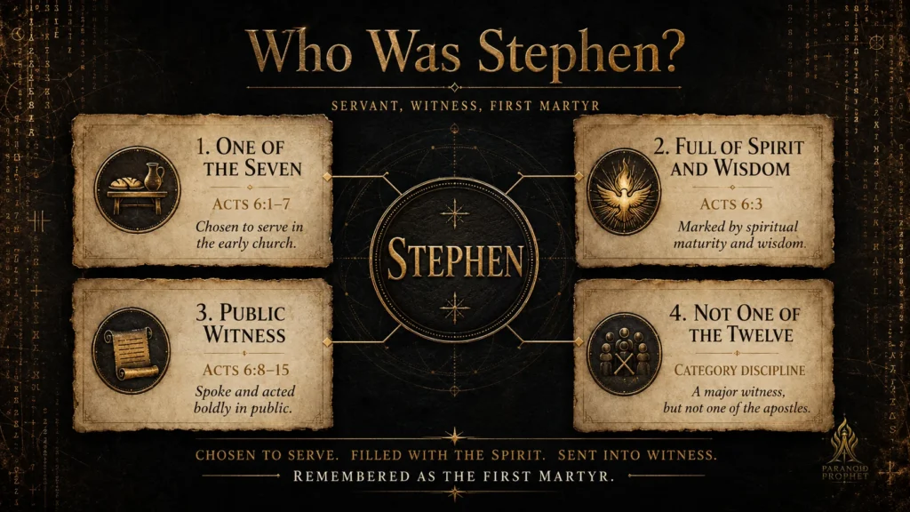 Infographic identifying Stephen in Acts as one of the seven, full of Spirit and wisdom, a public witness, and not one of the Twelve apostles.