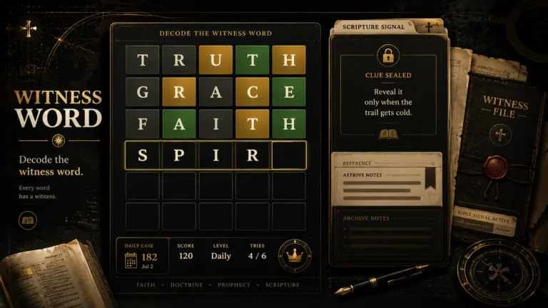 Witness Word Christian Bible word game showing a five-letter puzzle in progress with green, gold, and dark feedback tiles beside a Scripture clue panel