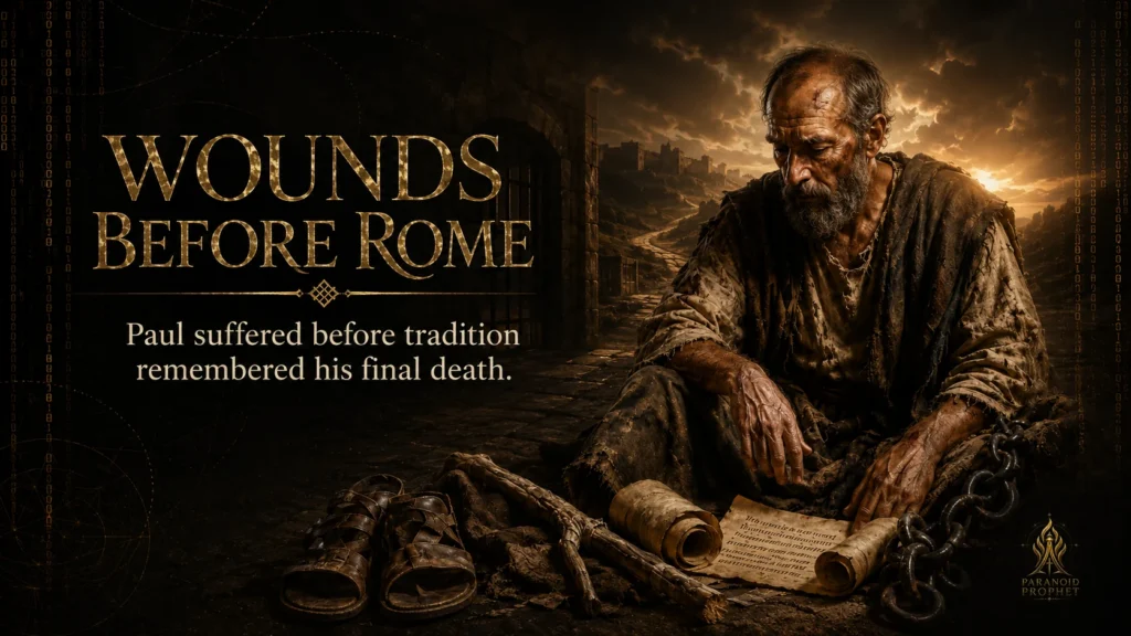 Banner showing the apostle Paul worn by suffering, surrounded by sandals, scrolls, chains, and a rough road toward Rome.