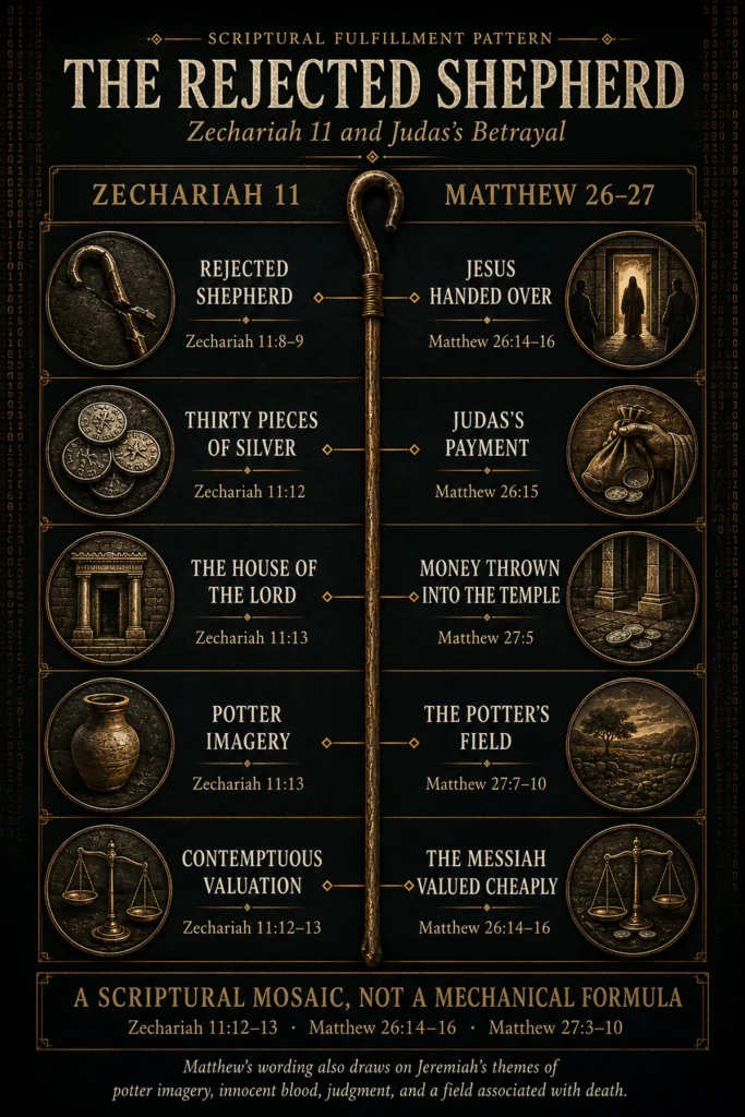 Infographic comparing Zechariah 11 with Matthew 26–27 through the rejected Shepherd, thirty pieces of silver, the temple, the potter’s field, and the Messiah’s low valuation.