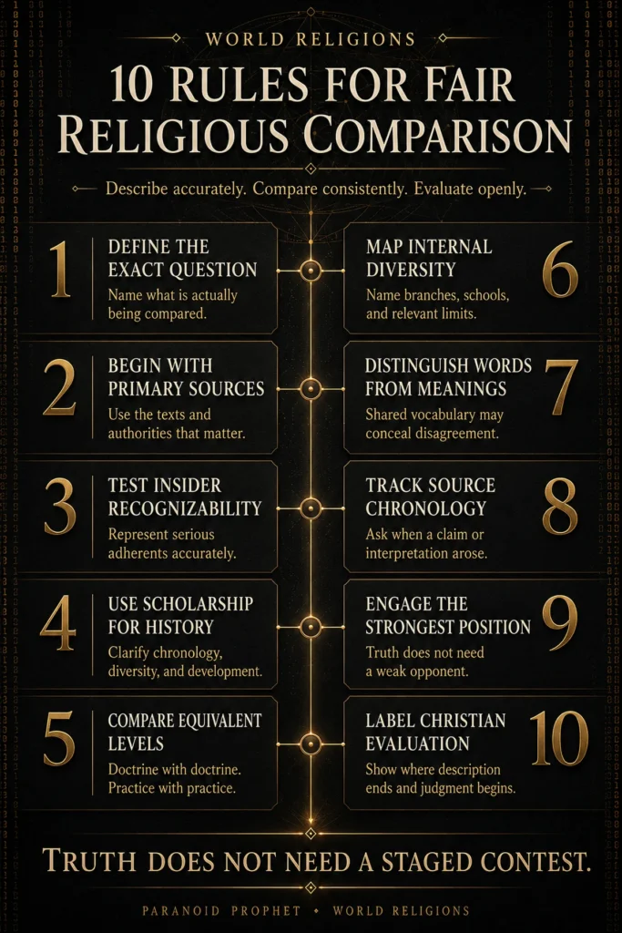 Infographic listing ten standards for accurately describing, comparing, and evaluating religions from an openly Christian perspective.