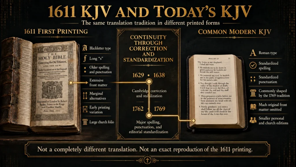 Comparison of the 1611 King James Bible folio and a common modern KJV, showing changes in typography, spelling, punctuation, front matter, and printed format.