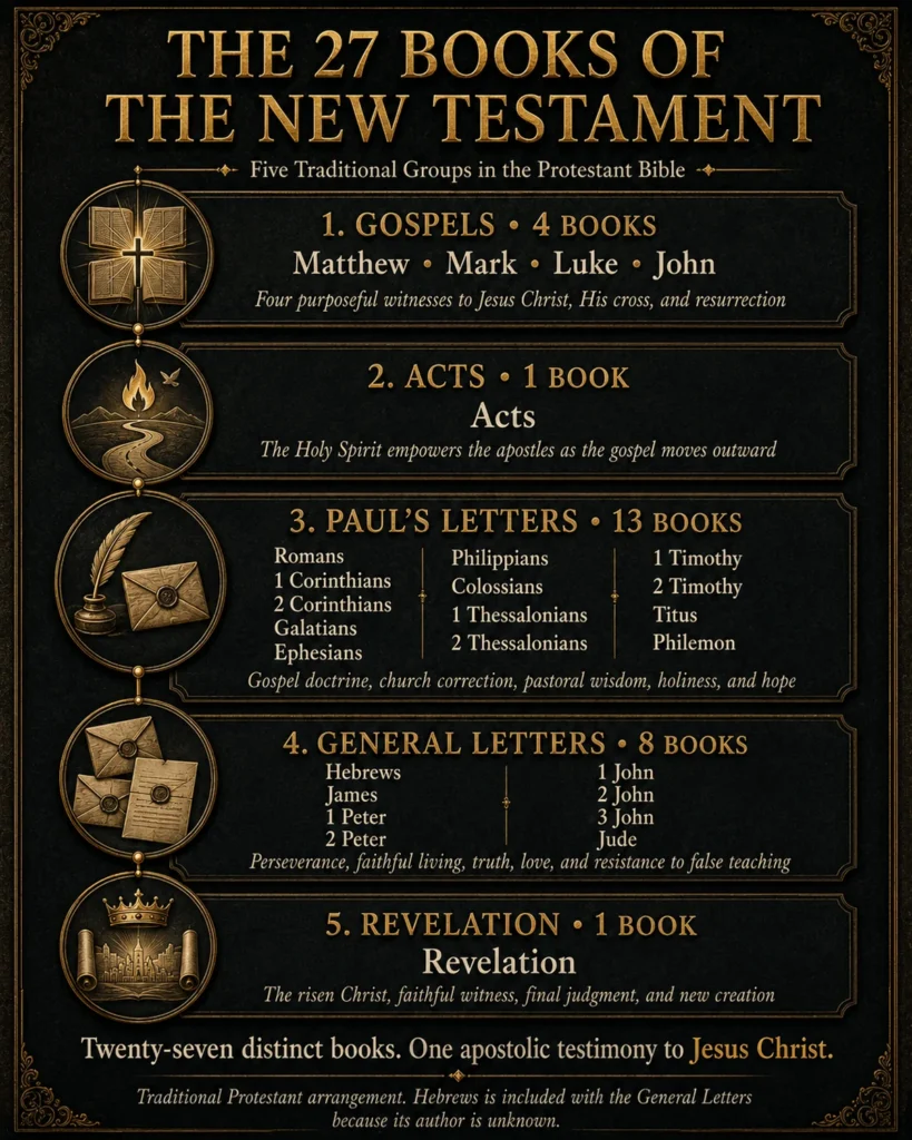 Infographic listing all 27 New Testament books under the Gospels, Acts, Paul’s Letters, General Letters, and Revelation.