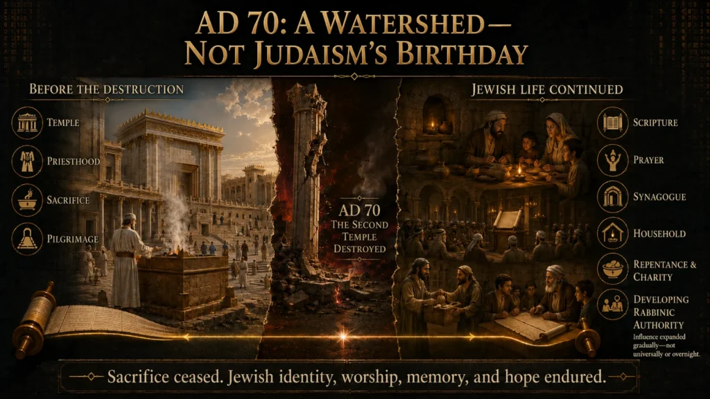Infographic showing the Second Temple before its AD 70 destruction and the continuation of Jewish Scripture, prayer, synagogue, household life, charity, and developing rabbinic authority.