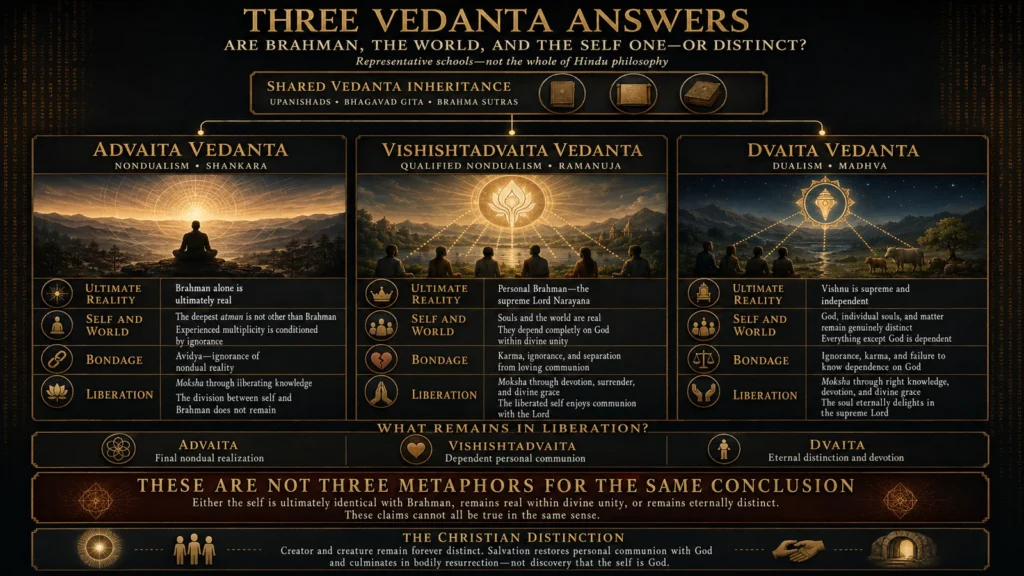 Infographic comparing Advaita, Vishishtadvaita, and Dvaita Vedanta on Brahman, the world, the self, bondage, liberation, and what remains after moksha.