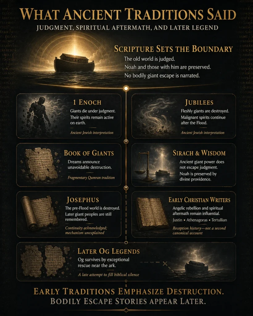 Timeline comparing Scripture, 1 Enoch, Jubilees, the Book of Giants, Josephus, early Christian writers, and later Og legends about the fate of the giants