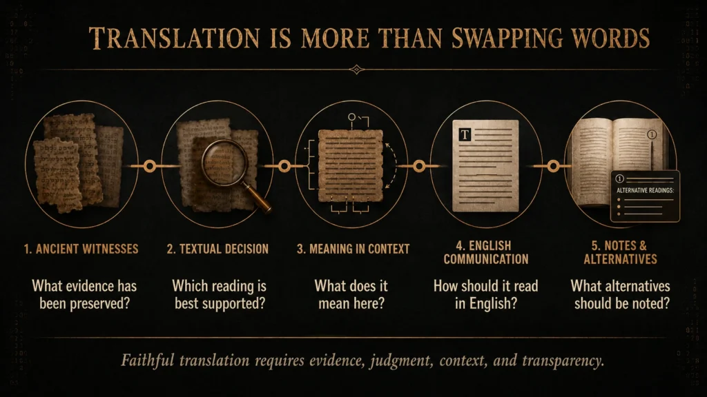 Five-stage Bible translation process showing ancient witnesses, textual decisions, meaning in context, English communication, and notes for alternative readings.