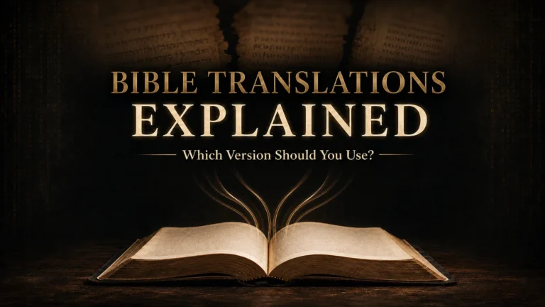Featured image reading “Bible Translations Explained: Which Version Should You Use?” above an open Bible with ancient manuscript textures and subtle gold translation pathways.