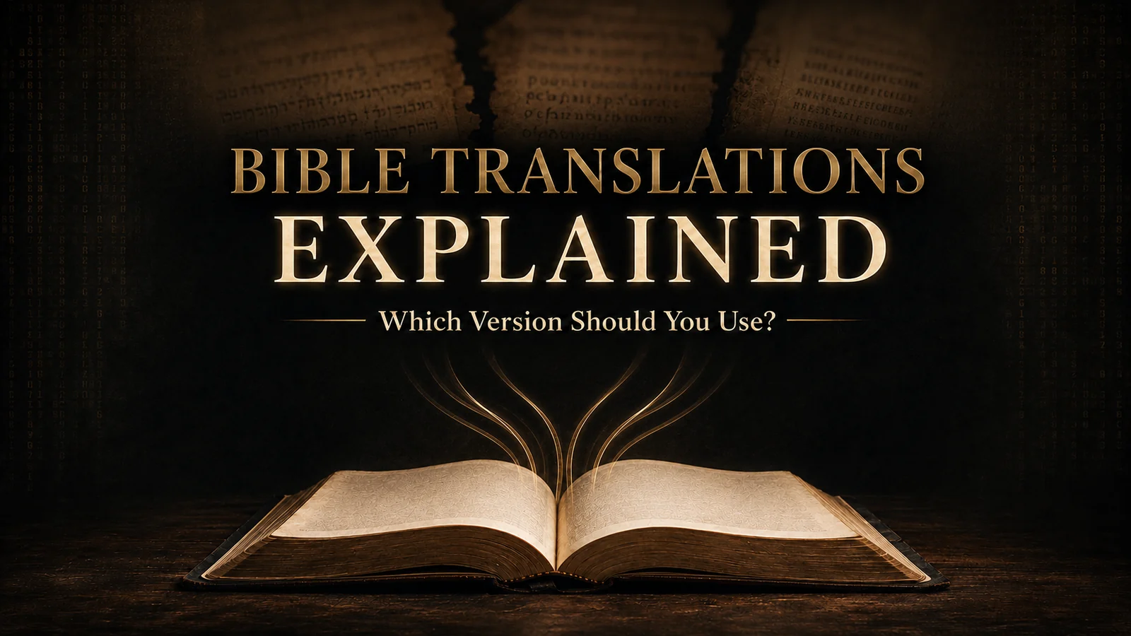 Featured image reading “Bible Translations Explained: Which Version Should You Use?” above an open Bible with ancient manuscript textures and subtle gold translation pathways.