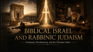 Biblical Israel’s Jerusalem Temple and a later rabbinic Torah study connected by a scroll, with Christ represented through light between them.