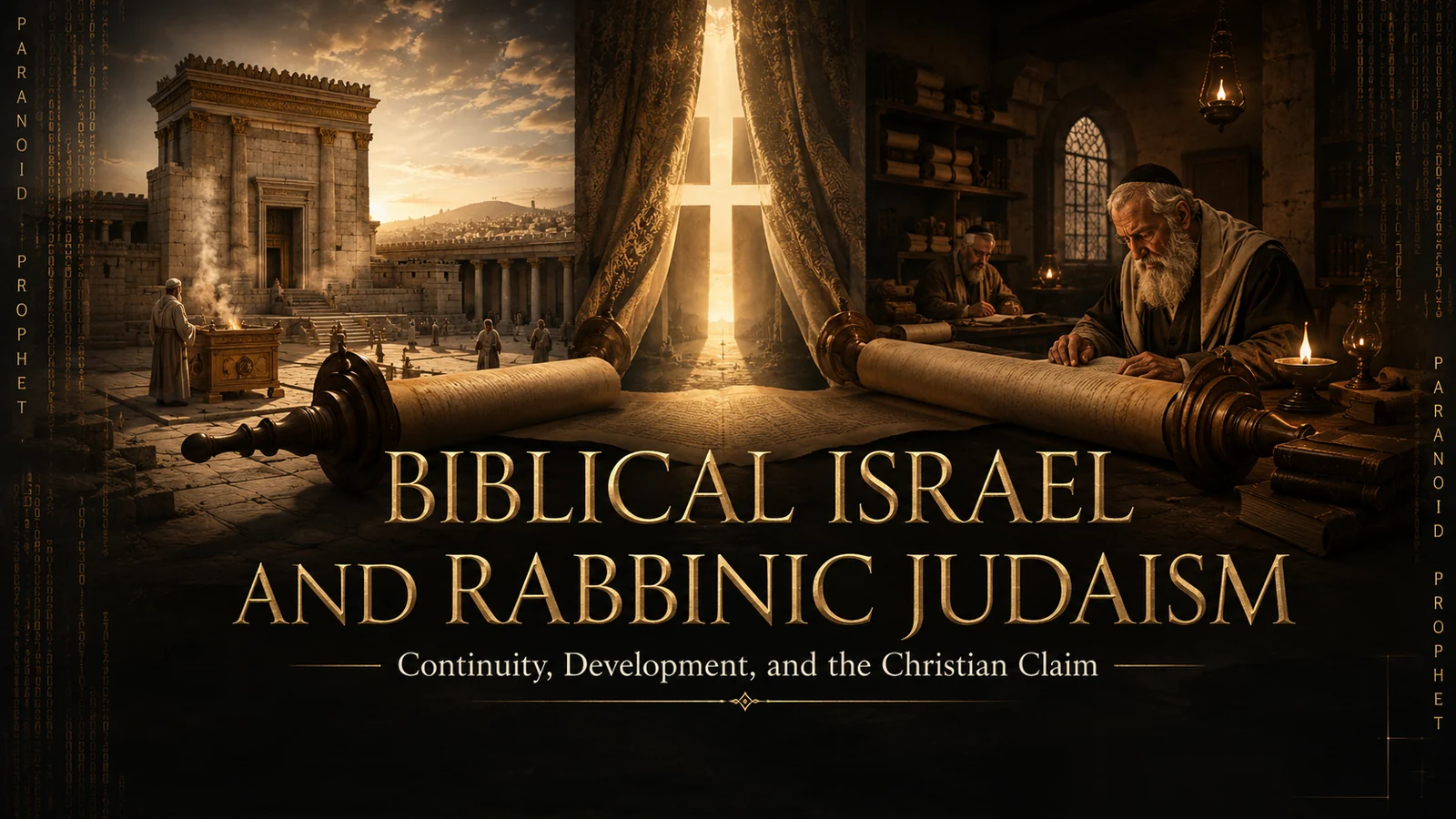 Biblical Israel’s Jerusalem Temple and a later rabbinic Torah study connected by a scroll, with Christ represented through light between them.