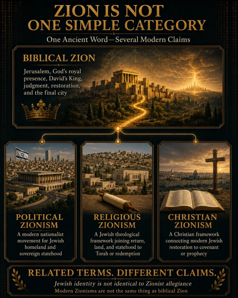 Infographic distinguishing biblical Zion from political Zionism, religious Zionism, and Christian Zionism, emphasizing that related terms make different claims.