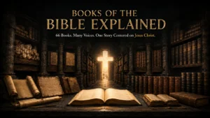 Open Bible in an ancient library of scrolls and manuscripts leading toward a cross-shaped light, illustrating 66 books united in Jesus Christ.