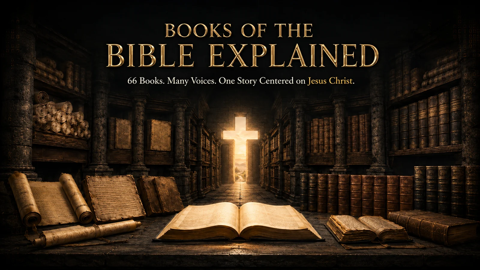 Open Bible in an ancient library of scrolls and manuscripts leading toward a cross-shaped light, illustrating 66 books united in Jesus Christ.