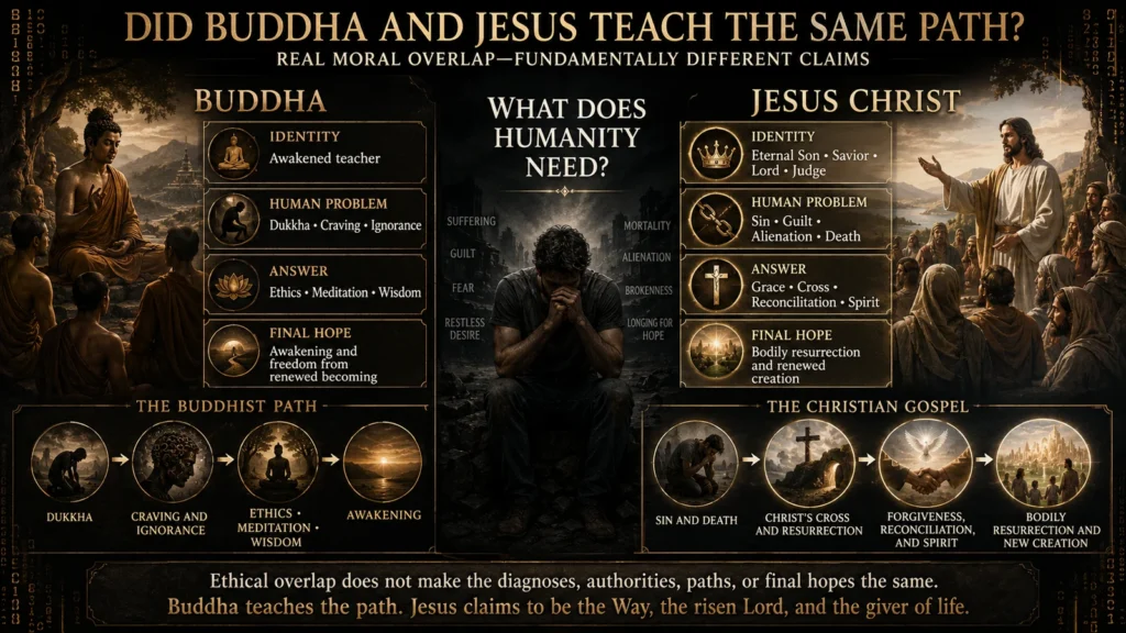 Infographic comparing Buddha and Jesus on identity, humanity’s problem, the path to salvation, and final hope, contrasting Buddhist awakening with Christ’s cross, resurrection, forgiveness, and renewed creation.