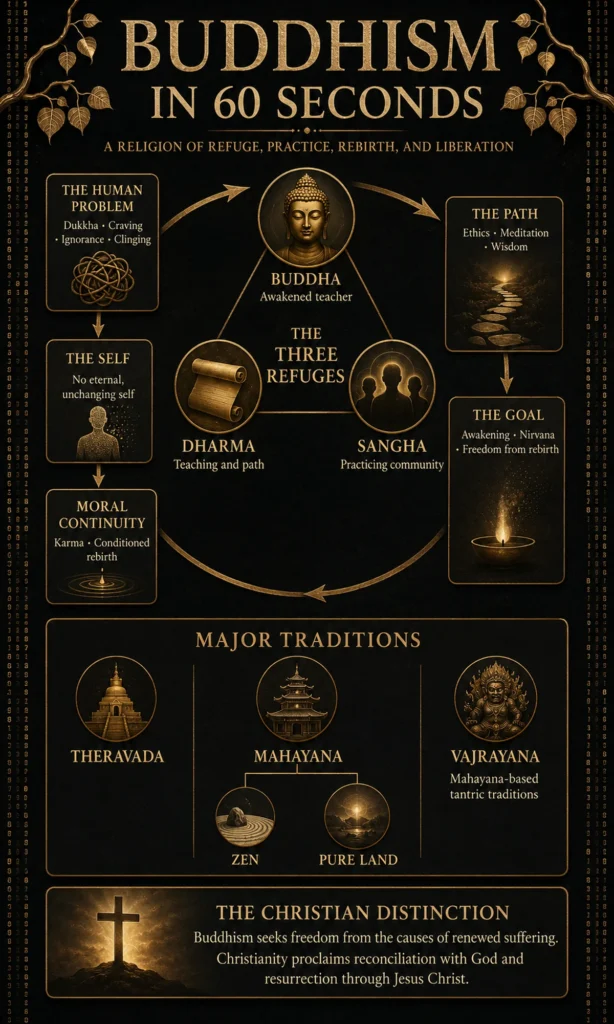 Infographic explaining the Three Refuges, suffering, the Buddhist path, no-self, karma, rebirth, nirvana, and the major Buddhist traditions.