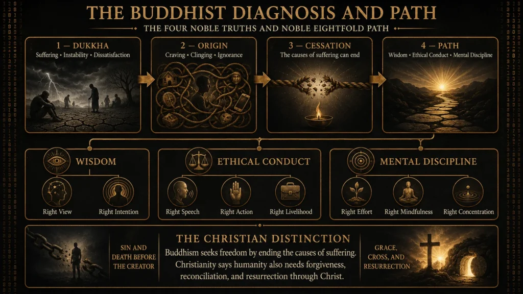 Infographic explaining the Four Noble Truths and the Noble Eightfold Path through wisdom, ethical conduct, and mental discipline, with a Christian comparison.