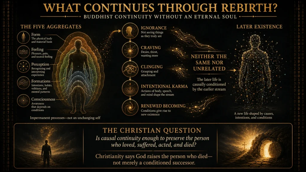 Infographic explaining the five aggregates and Buddhist rebirth as causal continuity through ignorance, craving, clinging, karma, and renewed becoming without an eternal soul.