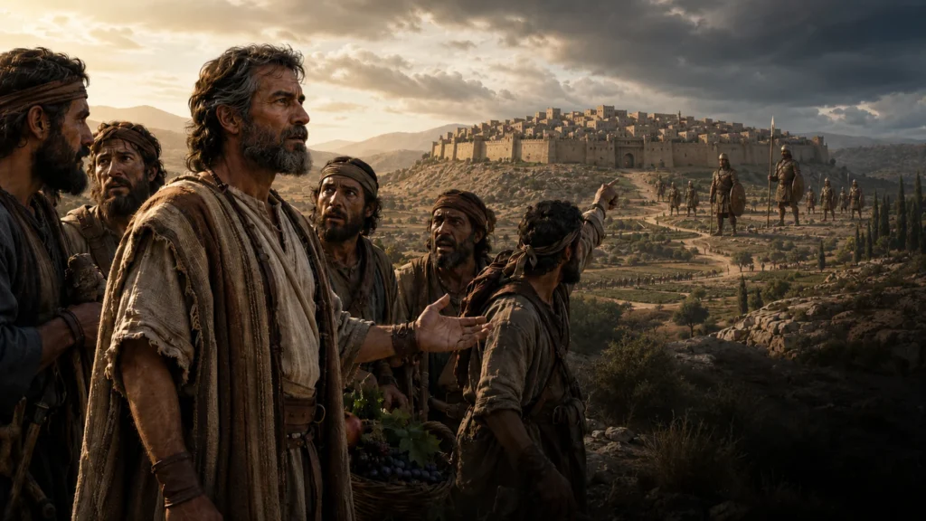 Caleb stands calmly among fearful Israelite spies as they point toward fortified Canaanite cities and unusually tall Anakite warriors in Numbers 13
