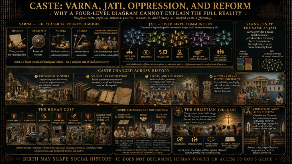 Infographic distinguishing the fourfold varna model from lived jati communities and examining caste oppression, colonial classification, reform, resistance, and Christian accountability.