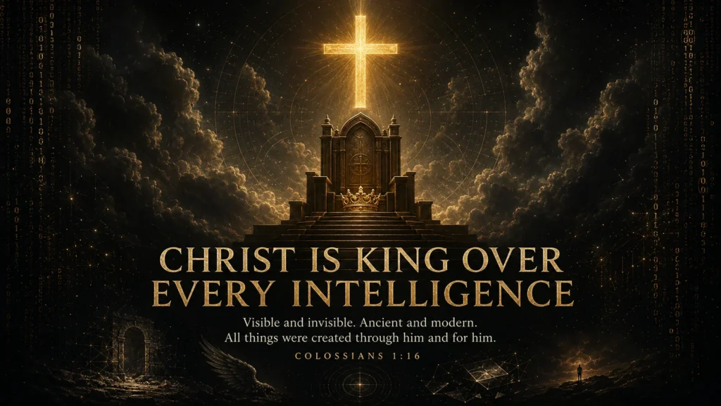 Radiant cross above a throne and crown with every ancient and modern created mystery placed beneath Christ’s authority, based on Colossians 1:16.
