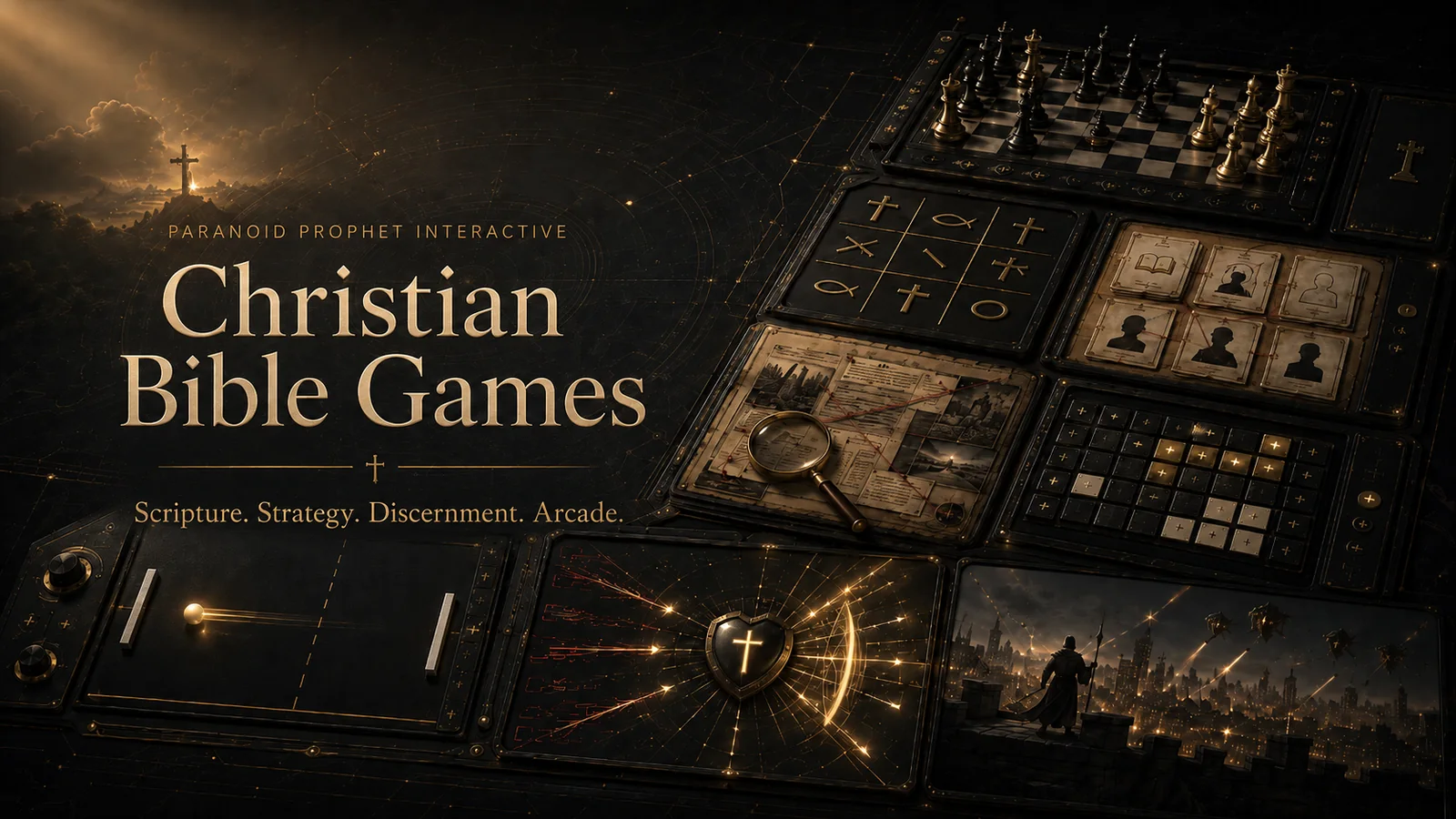 Christian Bible games library with Scripture study, strategy, word puzzles, prophecy matching, and Christian arcade game interfaces