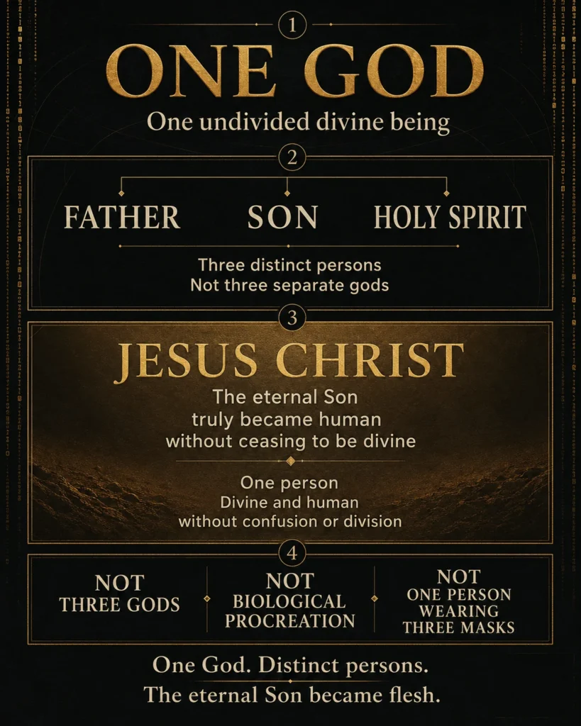 Christian infographic explaining one God, three distinct persons, and Jesus Christ as the eternal Son who truly became human.