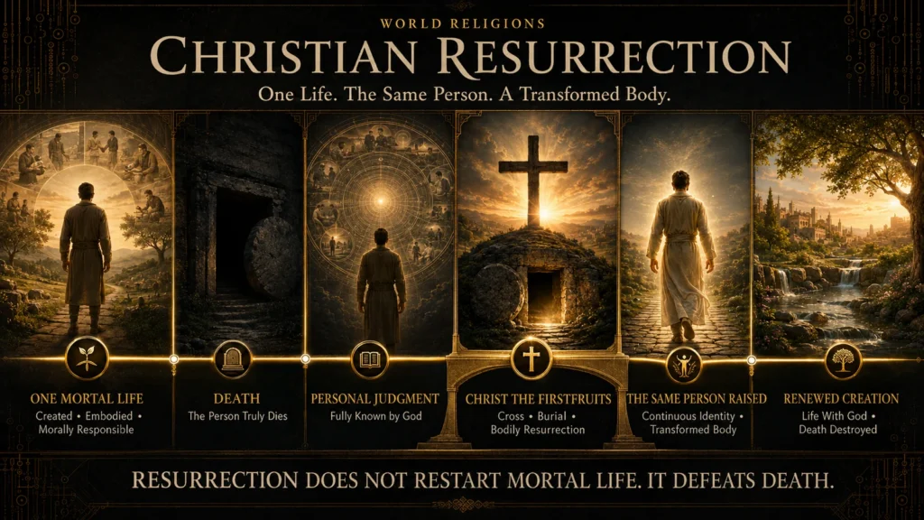 Christian resurrection timeline showing one mortal life, death, personal judgment, Christ the firstfruits, the same person bodily raised, and renewed creation.
