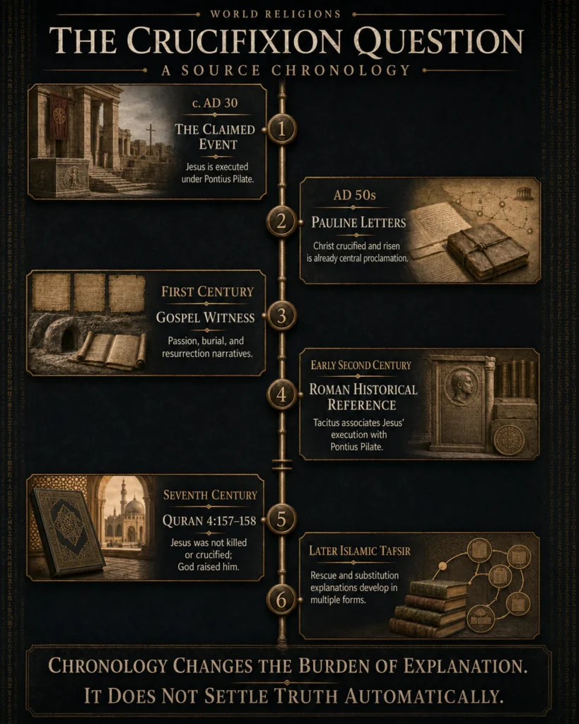 Timeline comparing early Christian crucifixion and resurrection sources, Tacitus, Quran 4:157–158, and later Islamic tafsir.