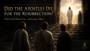 Three early Christian witnesses look toward the risen Jesus as gold testimony paths rise through a dark first-century stone setting.