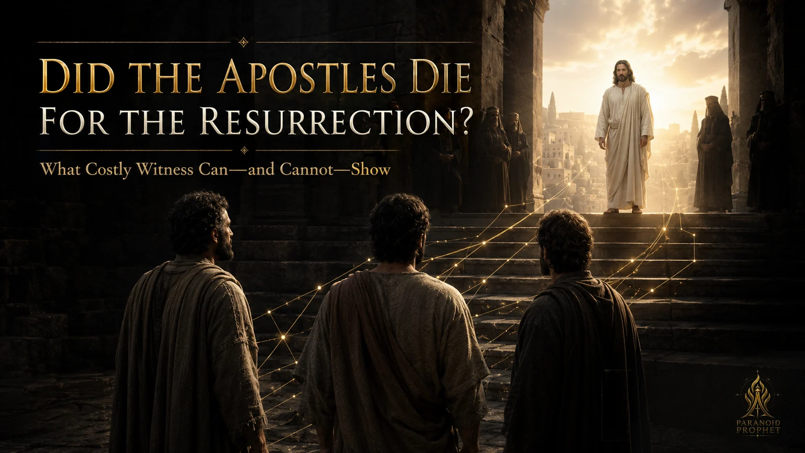 Three early Christian witnesses look toward the risen Jesus as gold testimony paths rise through a dark first-century stone setting.