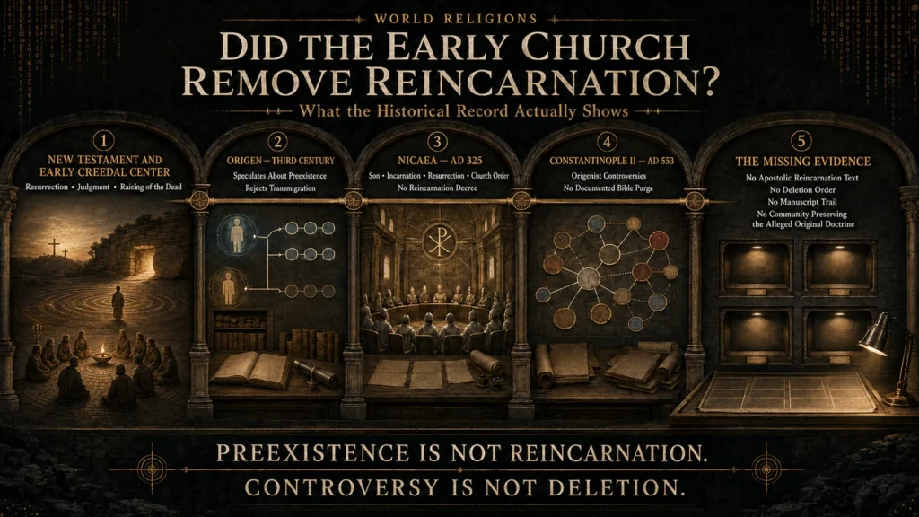 Historical timeline showing early Christian resurrection teaching, Origen’s distinction between preexistence and transmigration, the councils of Nicaea and Constantinople II, and the absence of evidence for a reincarnation purge.