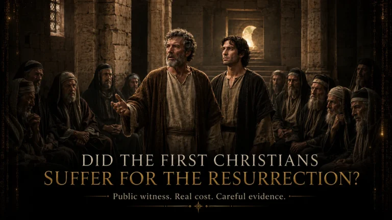 Peter and John proclaim the resurrection of Jesus before Jerusalem authorities, with a dawn-lit empty tomb symbolizing their public witness.