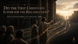 An early Christian publicly proclaims Jesus while gold testimony paths lead toward the risen Christ in a first-century stone court.