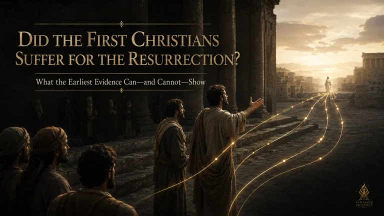 An early Christian publicly proclaims Jesus while gold testimony paths lead toward the risen Christ in a first-century stone court.