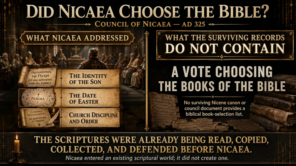Infographic explaining that the Council of Nicaea addressed the identity of the Son, Easter, and church order, not a vote choosing the books of the Bible.