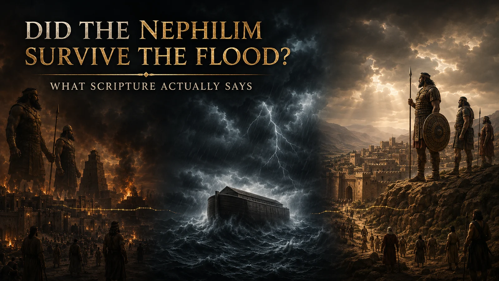 Noah’s ark stands between pre-Flood Nephilim and post-Flood giant-associated warriors, illustrating biblical continuity without a revealed survival mechanism