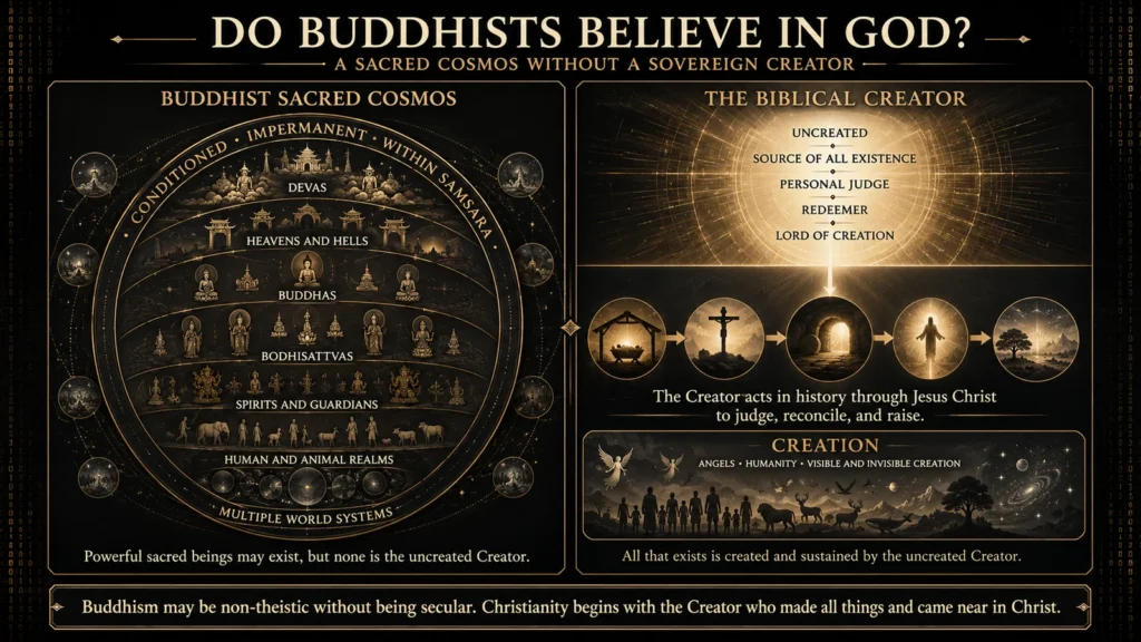 Infographic comparing the Buddhist sacred cosmos of devas, Buddhas, bodhisattvas, spirits, and multiple realms with Christianity’s uncreated Creator and redemption through Jesus Christ.