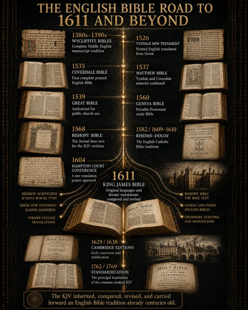 Timeline of English Bible history from the Wycliffite Bibles and Tyndale New Testament through the 1611 King James Bible and later Cambridge and Oxford standardization.