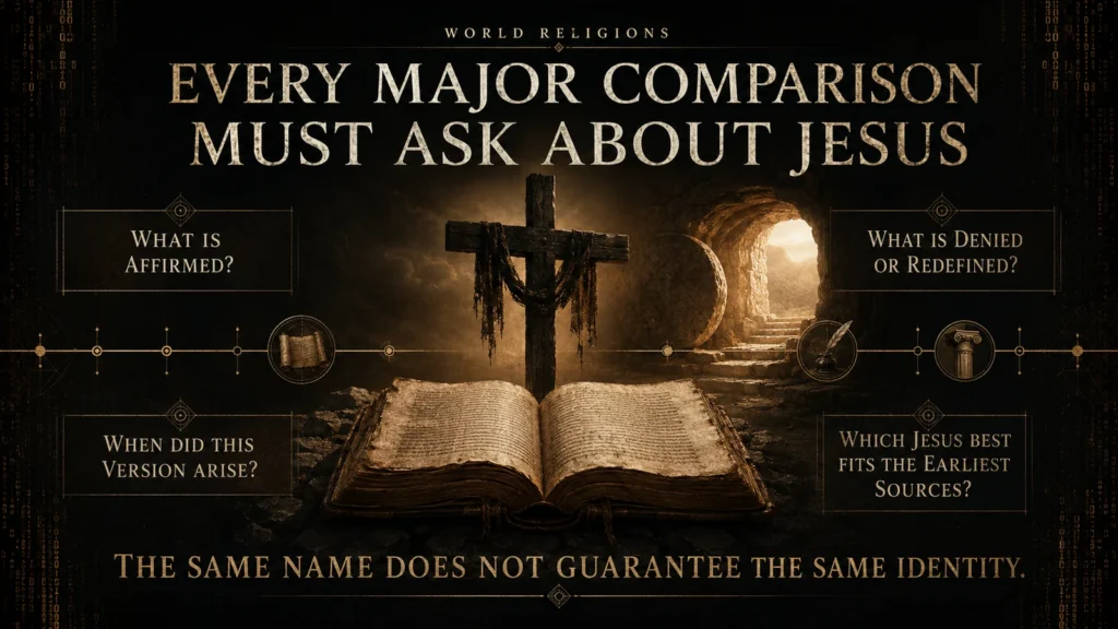 Open Gospel manuscript, cross, and empty tomb illustrating four questions for evaluating how religions describe Jesus.