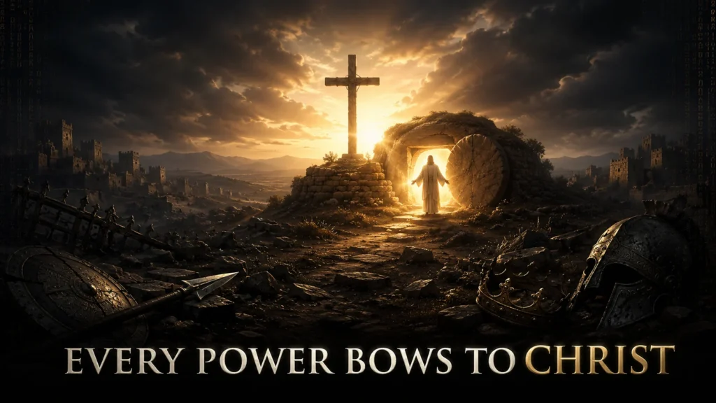 The risen Christ stands before the empty tomb beneath the cross as broken weapons, crowns, shields, and ancient strongholds fade into shadow