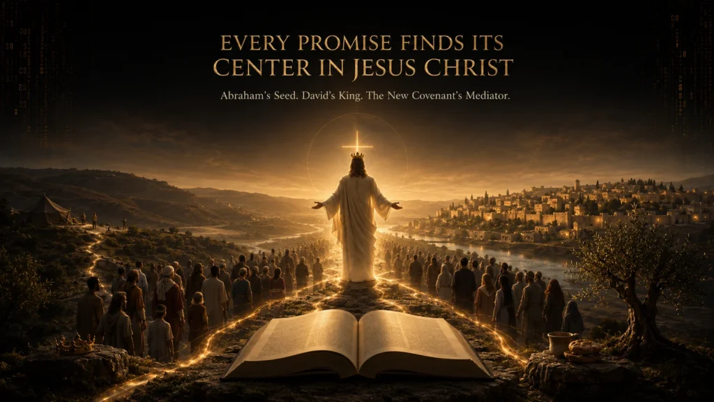 Jesus Christ stands above an open Bible as covenant pathways, Jewish and Gentile believers, the Davidic crown, olive tree, bread, cup, and restored city converge around Him.