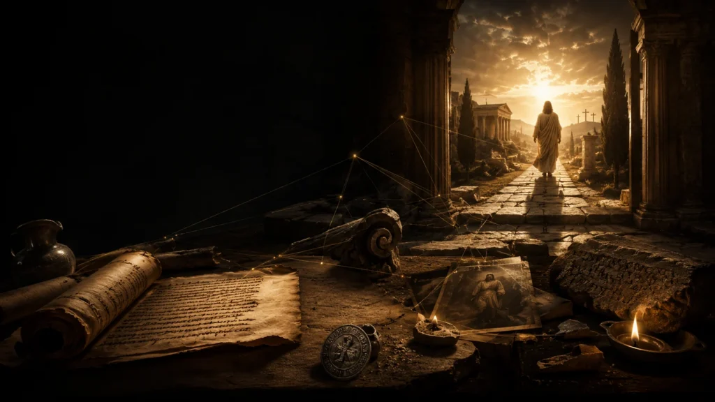 Ancient scroll, stone ruins, and a path toward Jesus at sunrise with subtle evidence-map connections