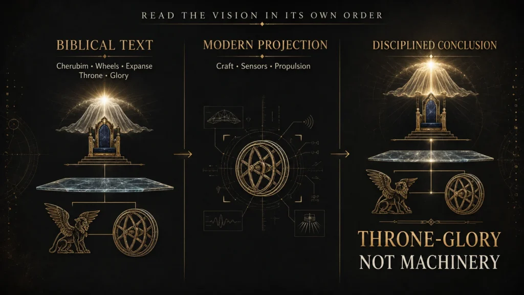 Infographic comparing Ezekiel’s biblical vision of cherubim, wheels, expanse, throne, and glory with modern technological projections of craft, sensors, and propulsion