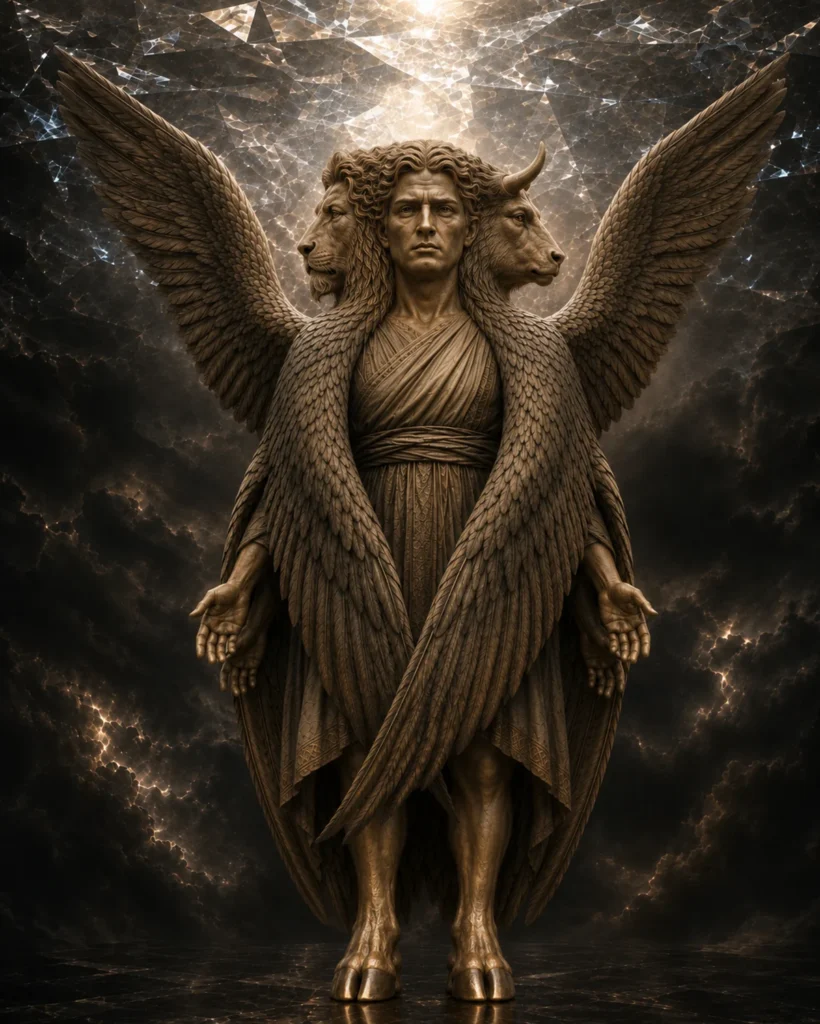Artist’s reconstruction of one of Ezekiel’s living cherubim with a human face, lion and ox faces, four wings, four human hands, straight legs, and calf-like bronze feet beneath the crystal-like expanse