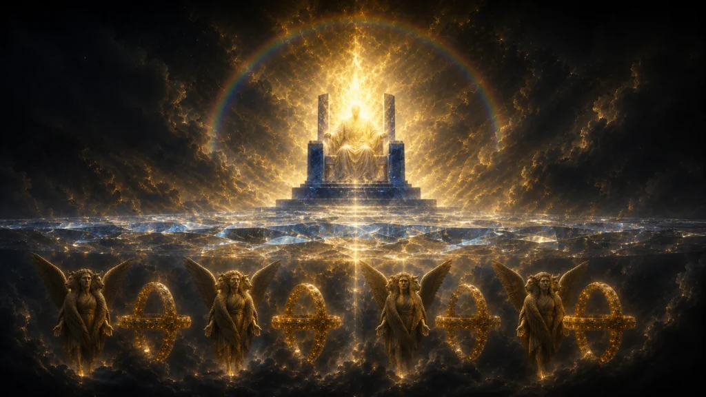 Radiant humanlike appearance seated on a sapphire throne above the crystal-like expanse, with four cherubim and four intersecting wheels below