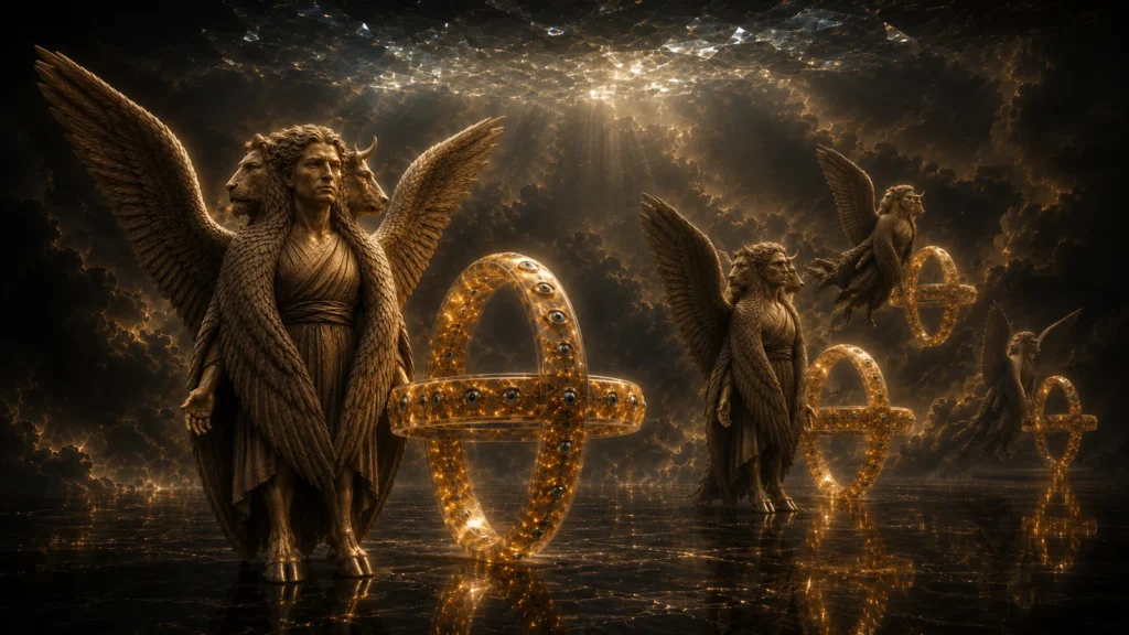 Four cherubim beside intersecting topaz wheels with eye-covered rims beneath the crystal-like expanse in Ezekiel’s vision